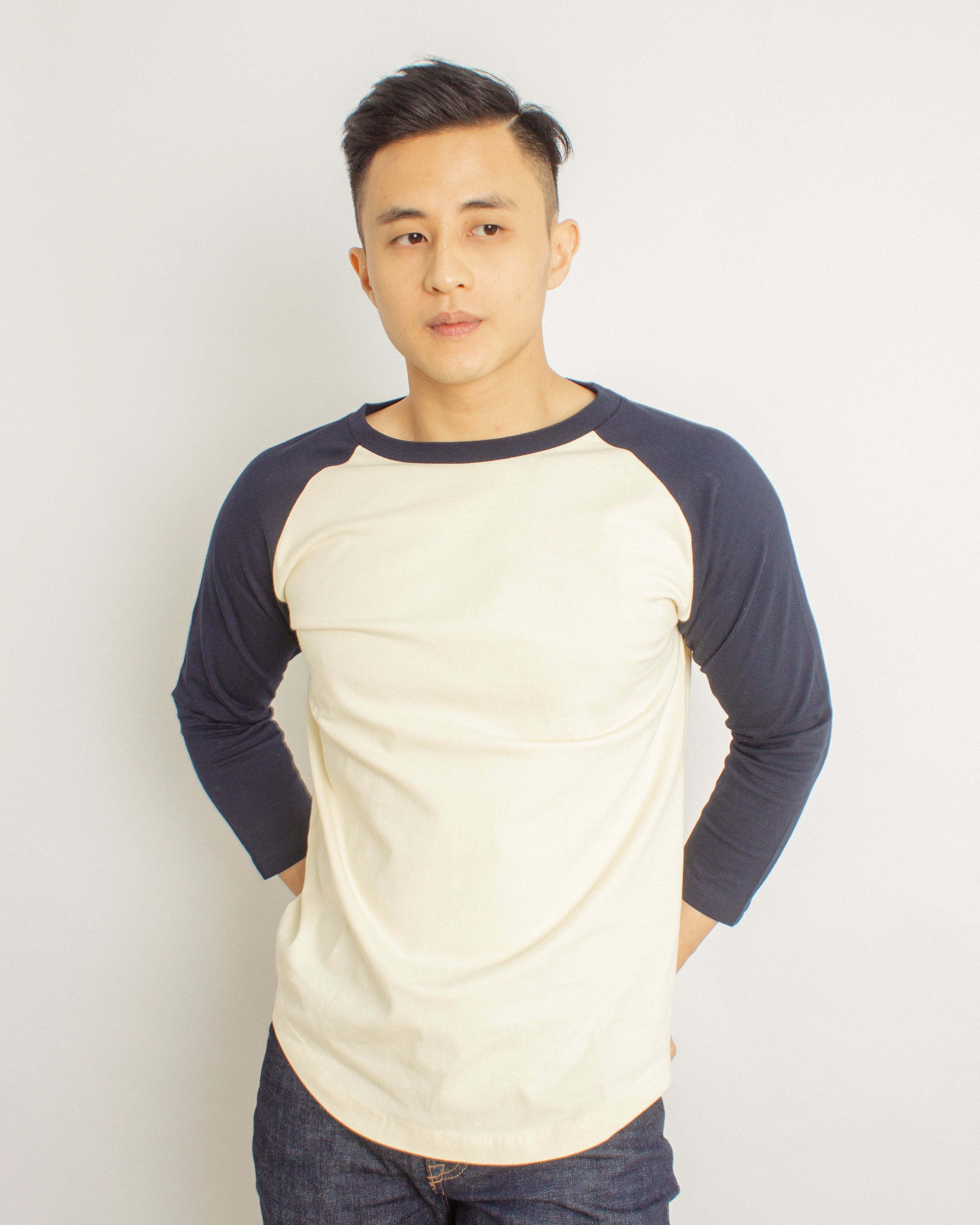 Japanese Heavyweight Raglan 3/4 Sleeve Tee Unisex (Almond + Dark Blue Sleeve)