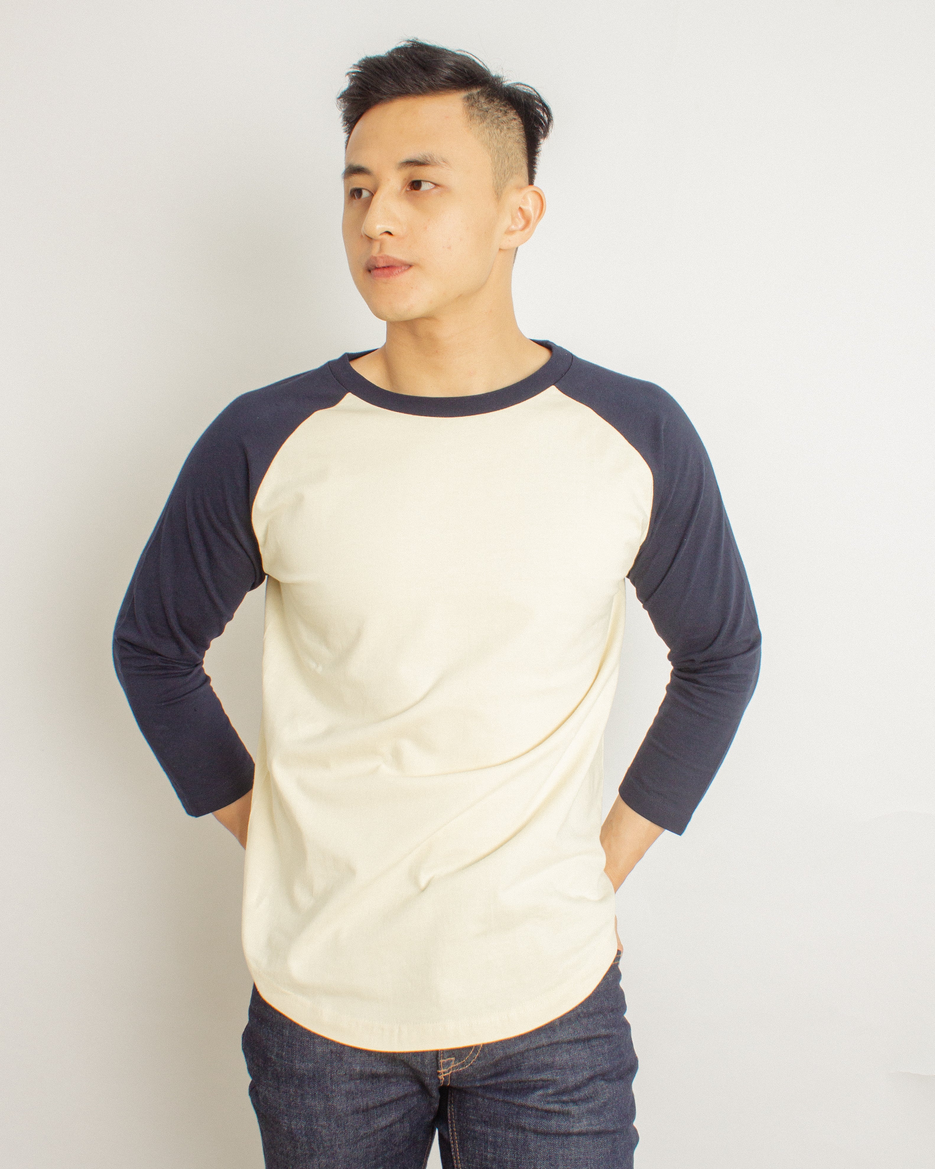 Japanese Heavyweight Raglan 3/4 Sleeve Tee Unisex (Almond + Dark Blue Sleeve)